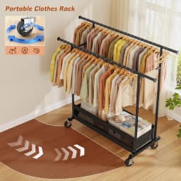 BePatio Double-Rod Clothes Rack for Closets,Heavy Duty Clothing Rack with Net Pocket Hold Up to 210LBS,Metal Garment Rack Sturdy Coat Rack With Wheels for Bedroom Laundry Living Room, Black