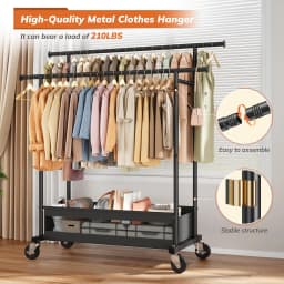 BePatio Double-Rod Clothes Rack for Closets,Heavy Duty Clothing Rack with Net Pocket Hold Up to 210LBS,Metal Garment Rack Sturdy Coat Rack With Wheels for Bedroom Laundry Living Room, Black