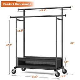 BePatio Double-Rod Clothes Rack for Closets,Heavy Duty Clothing Rack with Net Pocket Hold Up to 210LBS,Metal Garment Rack Sturdy Coat Rack With Wheels for Bedroom Laundry Living Room, Black