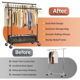 BePatio Double-Rod Clothes Rack for Closets,Heavy Duty Clothing Rack with Net Pocket Hold Up to 210LBS,Metal Garment Rack Sturdy Coat Rack With Wheels for Bedroom Laundry Living Room, Black