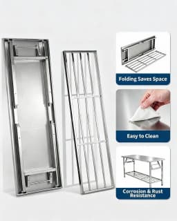 Stainless Steel Folding Prep Table with Undershelf for Home 700 lbs heavy load foldable portable design anti-slip adjustable legs easy wipe clean f