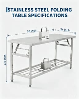Stainless Steel Folding Prep Table with Undershelf for Home 700 lbs heavy load foldable portable design anti-slip adjustable legs easy wipe clean f