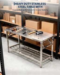 Stainless Steel Folding Prep Table with Undershelf for Home 700 lbs heavy load foldable portable design anti-slip adjustable legs easy wipe clean f
