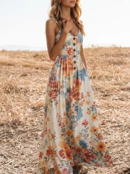 Women V Neck Spaghetti Strap Floral Print Maxi Dress Button Front A Line Flowy Dress For Casual Holiday Occasion