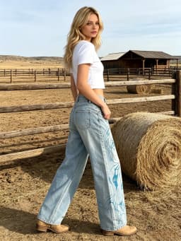 【HME】Jeans | Anime Cool Street Style Women Denim Pants, High Waist Wide Straight Denim Jeans, Full Anime Girl Print Standout Design, Light Blue Vintage Washed Fabric, Sturdy Draped Fit, For Comic Con Shopping Daily Multi-Scene Wear