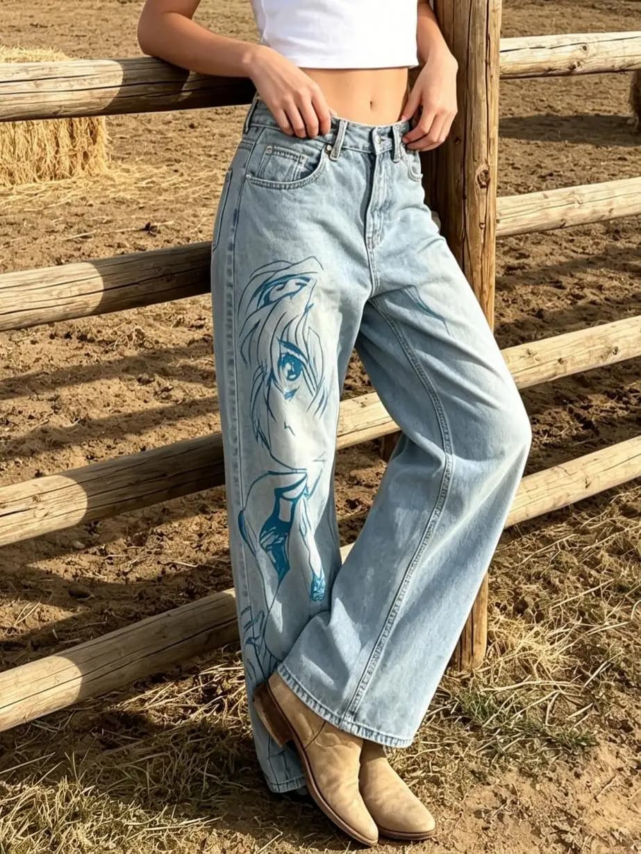 【HME】Jeans | Anime Cool Street Style Women Denim Pants, High Waist Wide Straight Denim Jeans, Full Anime Girl Print Standout Design, Light Blue Vintage Washed Fabric, Sturdy Draped Fit, For Comic Con Shopping Daily Multi-Scene Wear