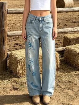【HME】Jeans | Anime Cool Street Style Women Denim Pants, High Waist Wide Straight Denim Jeans, Full Anime Girl Print Standout Design, Light Blue Vintage Washed Fabric, Sturdy Draped Fit, For Comic Con Shopping Daily Multi-Scene Wear