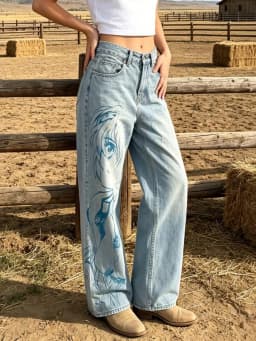 【HME】Jeans | Anime Cool Street Style Women Denim Pants, High Waist Wide Straight Denim Jeans, Full Anime Girl Print Standout Design, Light Blue Vintage Washed Fabric, Sturdy Draped Fit, For Comic Con Shopping Daily Multi-Scene Wear