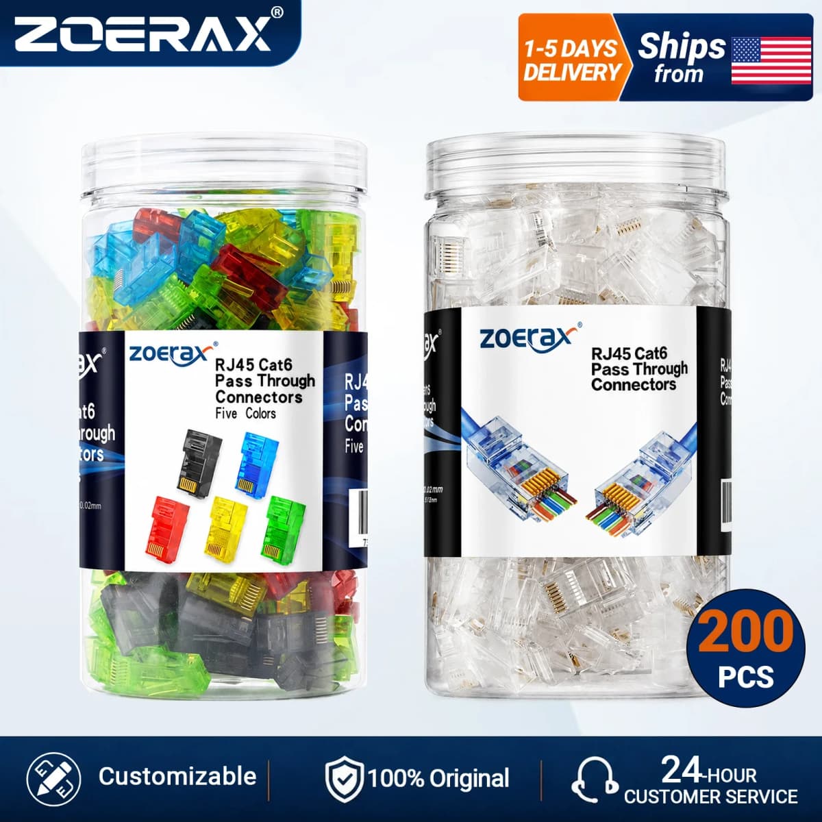 ZoeRax 200-Pack RJ45 Cat6 Pass Through Connector RJ45 Modular Plugs for CAT6 CAT5E Solid or Stranded FTP/UTP Cable