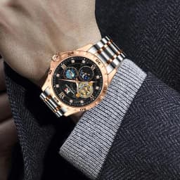 AOKULASIC Fashion Mechanical Watch for Men Starry Sky Luminous Design Stainless Steel Strap Business Automatic Watches Moon Phase Tourbillon Mens Wristwatches
