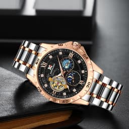 AOKULASIC Fashion Mechanical Watch for Men Starry Sky Luminous Design Stainless Steel Strap Business Automatic Watches Moon Phase Tourbillon Mens Wristwatches
