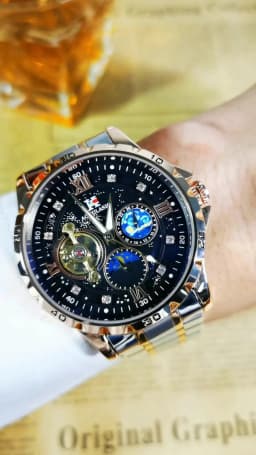 AOKULASIC Fashion Mechanical Watch for Men Starry Sky Luminous Design Stainless Steel Strap Business Automatic Watches Moon Phase Tourbillon Mens Wristwatches