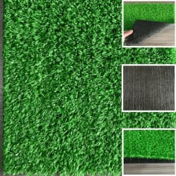 19.68 X 39.37 artificial turf mat with a total area of 60 square feet and a grass height of 0.6 feet. Rubber-backed, hard-wearing, croppable, pet-friendly, suitable for patios, balconies, and dogs