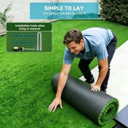 19.68 X 39.37 artificial turf mat with a total area of 60 square feet and a grass height of 0.6 feet. Rubber-backed, hard-wearing, croppable, pet-friendly, suitable for patios, balconies, and dogs