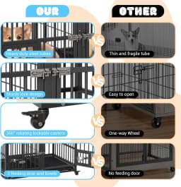 42 Inch Heavy Duty Dog Crate Metal Dog Cage with Double Door Lockable Wheels Removable Divider Trays Feeding Doors for Small Medium Large Dogs Indoor