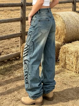 【HME】Jeans | Heavy Vintage Wash Denim Pants For Women, High Waist Baggy Wide Leg Denim Jeans, Double-Side Script Print With Star Accents, Waist Leather Strap For Detail, Sturdy Draped Fabric Slimming, Classic 5-Pocket Versatile Casual Denim Trousers