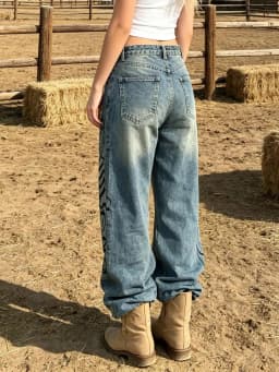 【HME】Jeans | Heavy Vintage Wash Denim Pants For Women, High Waist Baggy Wide Leg Denim Jeans, Double-Side Script Print With Star Accents, Waist Leather Strap For Detail, Sturdy Draped Fabric Slimming, Classic 5-Pocket Versatile Casual Denim Trousers