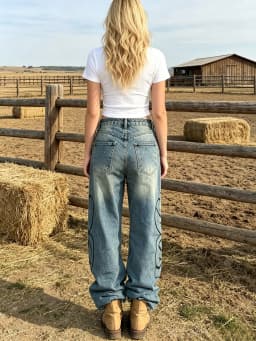 【HME】Jeans | Heavy Vintage Wash Denim Pants For Women, High Waist Baggy Wide Leg Denim Jeans, Double-Side Script Print With Star Accents, Waist Leather Strap For Detail, Sturdy Draped Fabric Slimming, Classic 5-Pocket Versatile Casual Denim Trousers