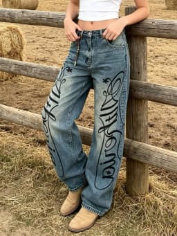 【HME】Jeans | Heavy Vintage Wash Denim Pants For Women, High Waist Baggy Wide Leg Denim Jeans, Double-Side Script Print With Star Accents, Waist Leather Strap For Detail, Sturdy Draped Fabric Slimming, Classic 5-Pocket Versatile Casual Denim Trousers