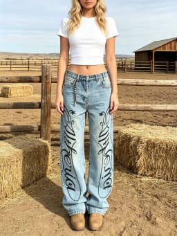 【HME】Jeans | Heavy Vintage Wash Denim Pants For Women, High Waist Baggy Wide Leg Denim Jeans, Double-Side Script Print With Star Accents, Waist Leather Strap For Detail, Sturdy Draped Fabric Slimming, Classic 5-Pocket Versatile Casual Denim Trousers