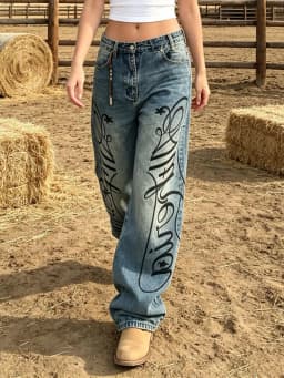 【HME】Jeans | Heavy Vintage Wash Denim Pants For Women, High Waist Baggy Wide Leg Denim Jeans, Double-Side Script Print With Star Accents, Waist Leather Strap For Detail, Sturdy Draped Fabric Slimming, Classic 5-Pocket Versatile Casual Denim Trousers