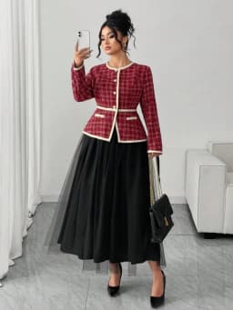 Plus Size Round Neck Long Sleeve Jacket + Midi Skirt Suit For Women Daily Office Formal Event Matching Outfit