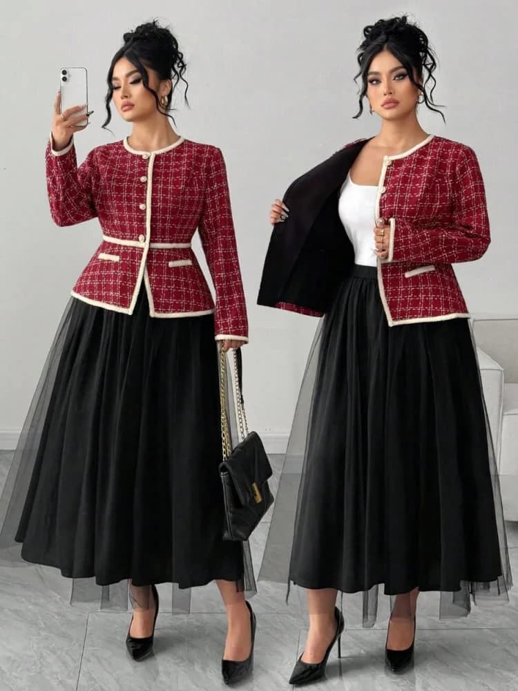 Plus Size Round Neck Long Sleeve Jacket + Midi Skirt Suit For Women Daily Office Formal Event Matching Outfit