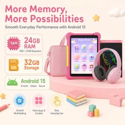 7 Inch Kids Tablet Full Set Android 15 24GB(3+21GB Virtual) 32GB ROM Five‑Core Processor 2800mAh WiFi Bluetooth5.4 With Headphone Writing Drawing Board Carry Bag Children Educational Learning Tablet