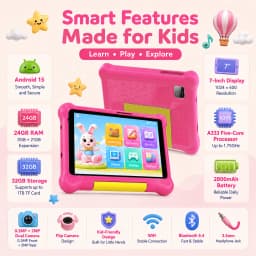 7 Inch Kids Tablet Full Set Android 15 24GB(3+21GB Virtual) 32GB ROM Five‑Core Processor 2800mAh WiFi Bluetooth5.4 With Headphone Writing Drawing Board Carry Bag Children Educational Learning Tablet