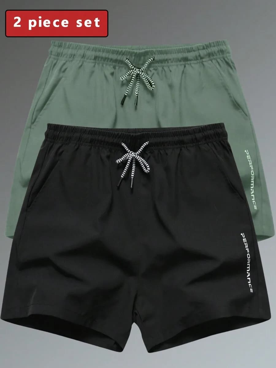 2 Piece Set Mens Shorts Summer Breathable Sports Drawstring Fitness 3/4 Length Pants Pocket Printed Daily Wear Black Green