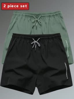 2 Piece Set Mens Shorts Summer Breathable Sports Drawstring Fitness 3/4 Length Pants Pocket Printed Daily Wear Black Green