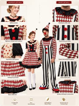Couples Clown Costume for Men Women, Retro Circus Diamond Striped Clown Outfit Dress & Jumpsuit Set with Hat for Halloween Carnival Cosplay Party Fancy Dress