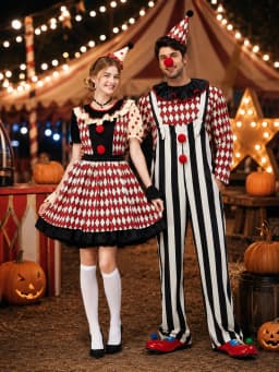 Couples Clown Costume for Men Women, Retro Circus Diamond Striped Clown Outfit Dress & Jumpsuit Set with Hat for Halloween Carnival Cosplay Party Fancy Dress