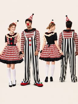 Couples Clown Costume for Men Women, Retro Circus Diamond Striped Clown Outfit Dress & Jumpsuit Set with Hat for Halloween Carnival Cosplay Party Fancy Dress