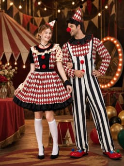 Couples Clown Costume for Men Women, Retro Circus Diamond Striped Clown Outfit Dress & Jumpsuit Set with Hat for Halloween Carnival Cosplay Party Fancy Dress