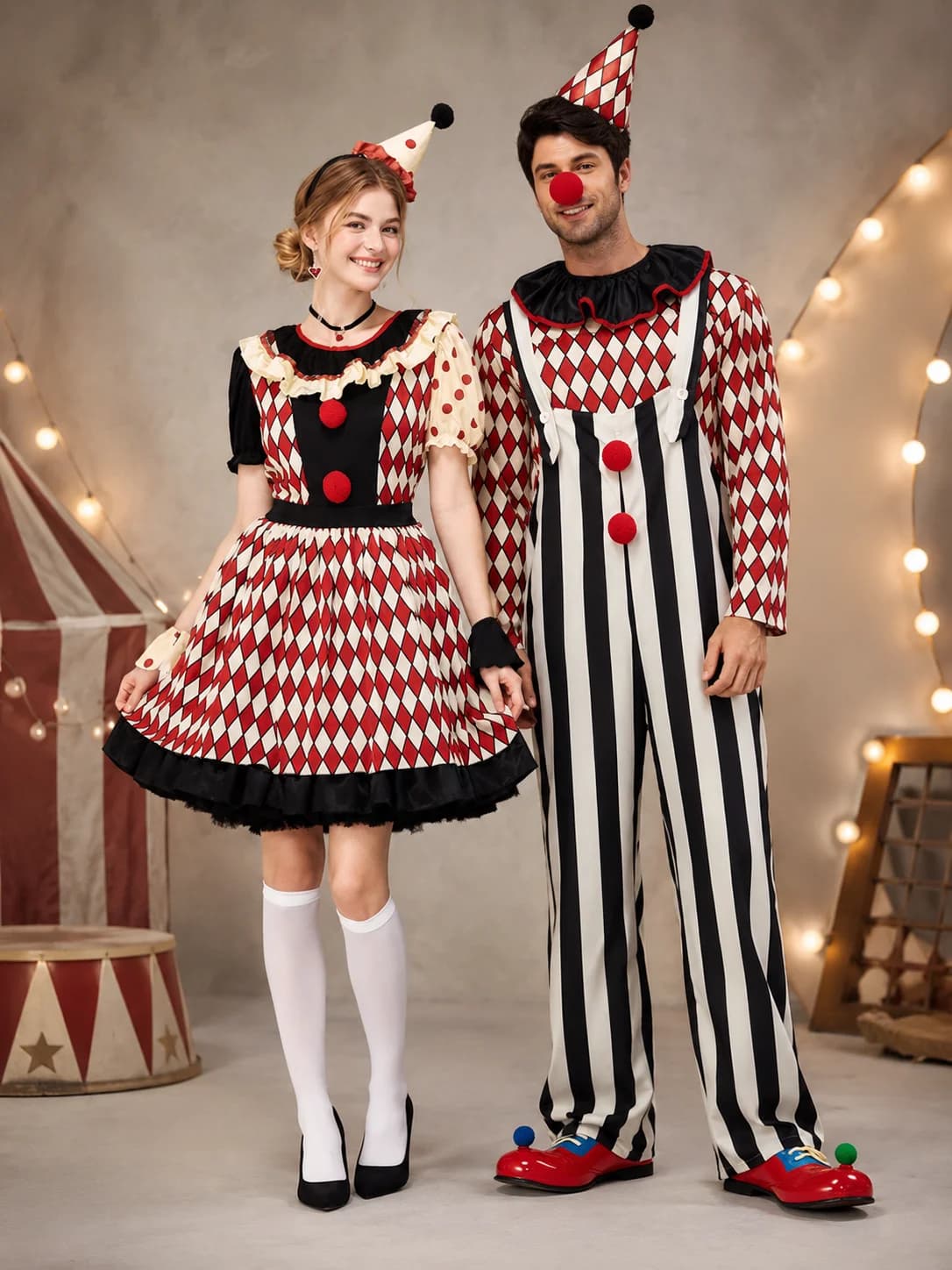 Couples Clown Costume for Men Women, Retro Circus Diamond Striped Clown Outfit Dress & Jumpsuit Set with Hat for Halloween Carnival Cosplay Party Fancy Dress