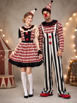 Couples Clown Costume for Men Women, Retro Circus Diamond Striped Clown Outfit Dress & Jumpsuit Set with Hat for Halloween Carnival Cosplay Party Fancy Dress
