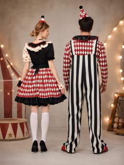 Couples Clown Costume for Men Women, Retro Circus Diamond Striped Clown Outfit Dress & Jumpsuit Set with Hat for Halloween Carnival Cosplay Party Fancy Dress