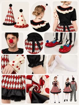 Couples Clown Costume for Men Women, Retro Circus Diamond Striped Clown Outfit Dress & Jumpsuit Set with Hat for Halloween Carnival Cosplay Party Fancy Dress