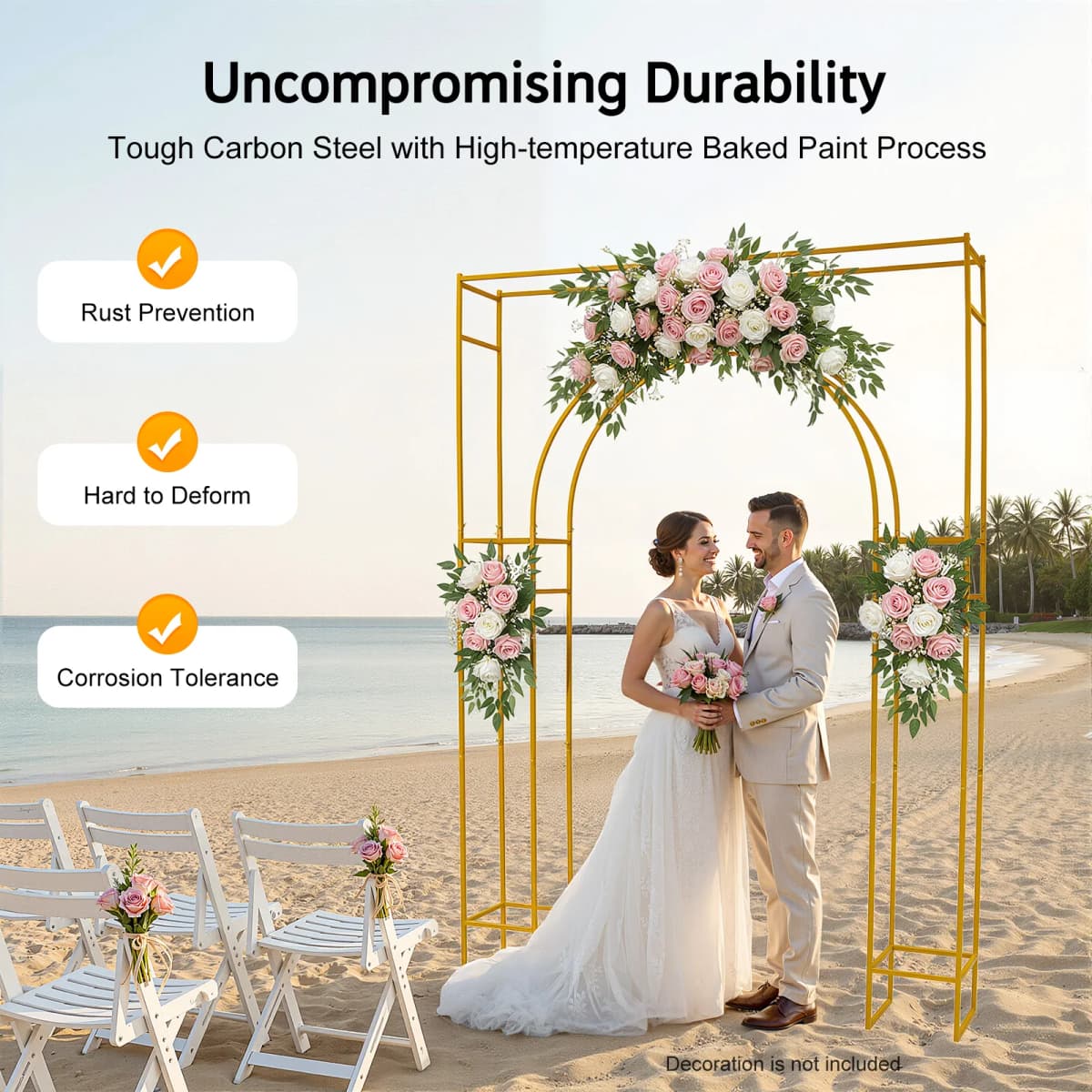 Gold Metal Wedding Arch Backdrop Stand Carbon Steel 44.09lbs Load Square‑Outer Inner‑Arch Frame for Ceremony Birthday Baby Shower