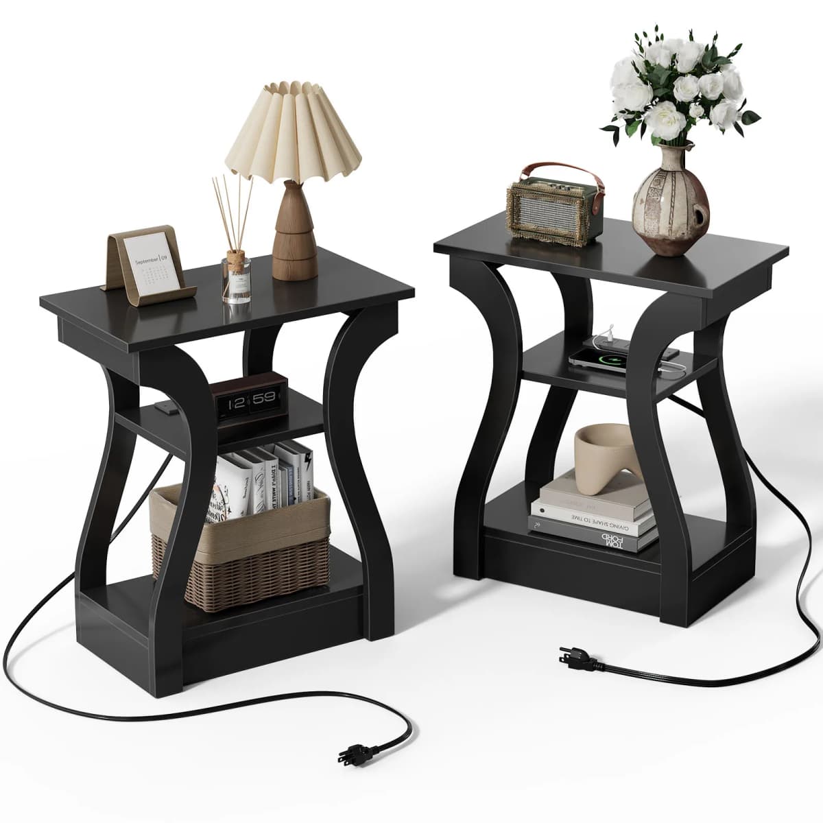 MCQ 2 Pack Living Room Cabinet with Charging Station 3-Tier Side Table Storage Display Nightstand Bedside Coffee Sofa Tea Table Cabinets For Furniture