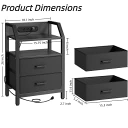 FRODROVIA Nightstand with Charging Station and LED Light, Side Table with 2Fabric Drawers & Open Storage Shelves, Adjustable Leveling Feet,End Table with USB Ports & Outlet for Living Room