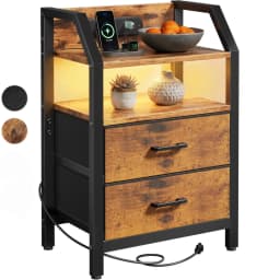 FRODROVIA Nightstand with Charging Station and LED Light, Side Table with 2Fabric Drawers & Open Storage Shelves, Adjustable Leveling Feet,End Table with USB Ports & Outlet for Living Room