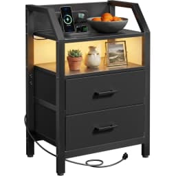 FRODROVIA Nightstand with Charging Station and LED Light, Side Table with 2Fabric Drawers & Open Storage Shelves, Adjustable Leveling Feet,End Table with USB Ports & Outlet for Living Room