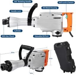 Tacleekii 1500W Heavy Duty Electric Demolition Jackhammer 1800 BPM 60J Impact Energy, Anti-Vibration 360° Adjustable Handle, Carrying Case - For Masonry, Foundation, Tile Removal - Includes JH-65
