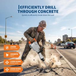 Tacleekii 1500W Heavy Duty Electric Demolition Jackhammer 1800 BPM 60J Impact Energy, Anti-Vibration 360° Adjustable Handle, Carrying Case - For Masonry, Foundation, Tile Removal - Includes JH-65