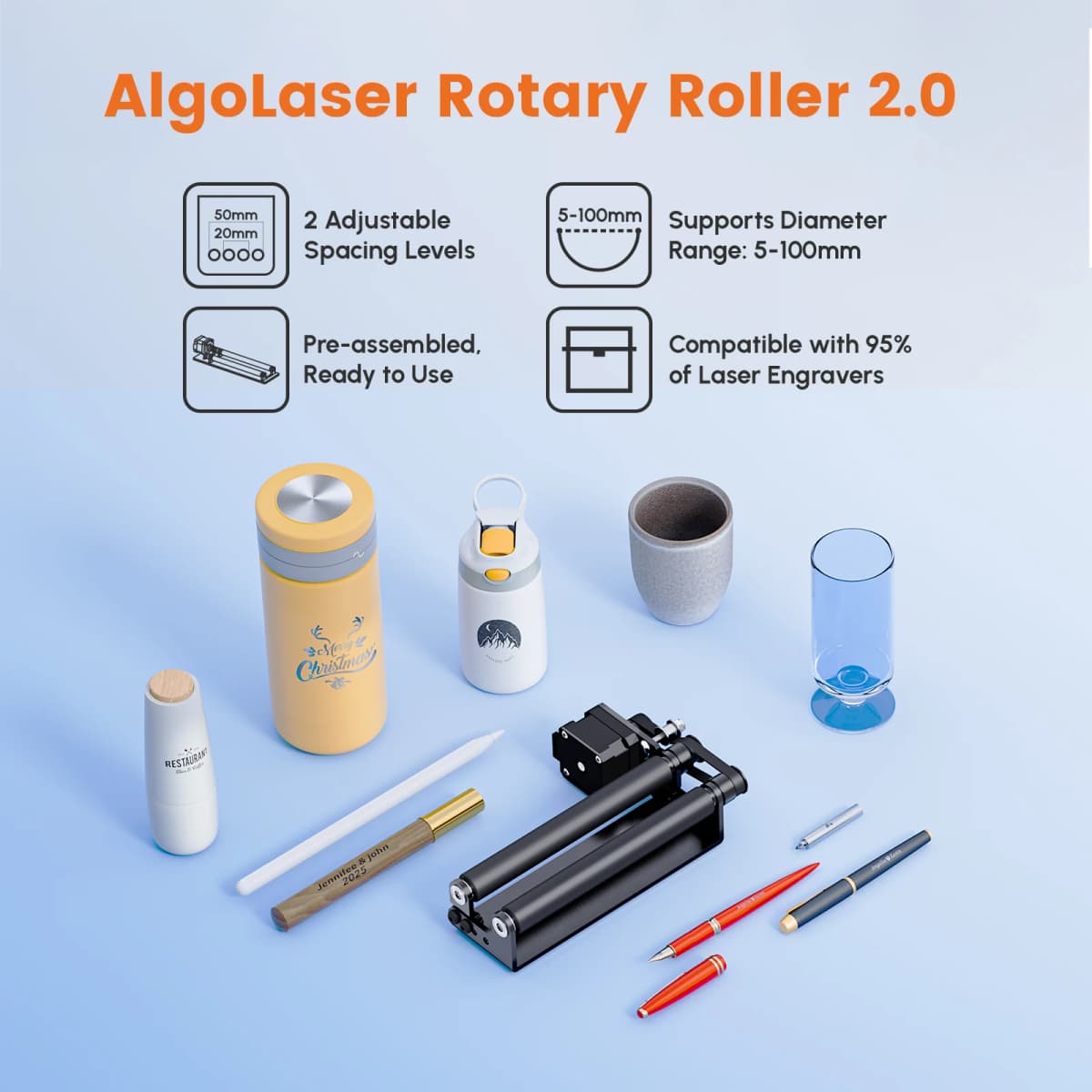 AlgoLaser Rotary Roller 2.0 Y-Axis Rotary Attachment 5-100mm 2 Adjustable Spacing Pre-assembled For Cylindrical Objects Fit for Algolaser MK2 MK3 Pixi and 95% Laser Engravers Craft Sculpture Tool