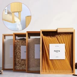 Food Dispenser Kitchen Organizer Bamboo Wood Sealed Pantry Storage Container for Pasta Cereals Rice Flour with Clear Acrylic Lid Transparent Sliding Lid Easy Organization