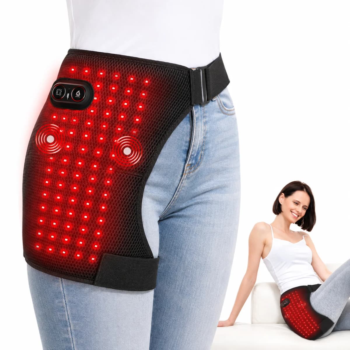 Red Light Therapy Hip Wrap with 112 LED Beads Heating Pad and Vibration Massage, Cordless Rechargeable Wearable Hip Thigh Waist Care Belt with 5000mAh Battery, 3 Levels Temperature & Massage Modes, Portable Relaxation Device for Muscle Recovery Fitness Sp
