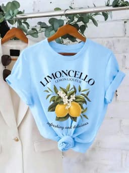 Lemon Letter Print Short Sleeve Crew Neck T‑Shirt, Soft Breathable Micro‑Elastic Casual Top For Spring Summer Vacation And Daily Wear